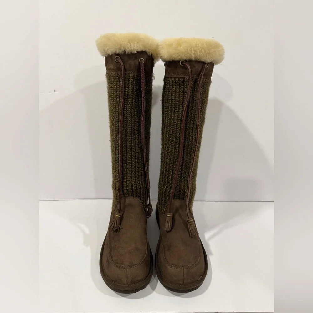 UGG Australia Tall Knit Shearling Boots Brown Leather Tassel Women’s 6